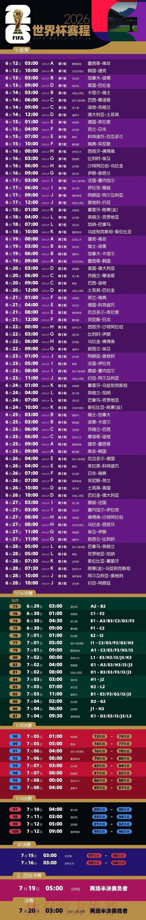 2026世界杯每日赛程一览全程直播直播平台